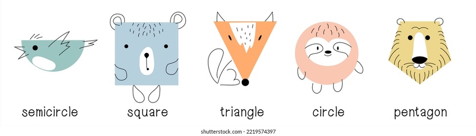 A set of geometric shapes in the form of cute animals. Square, triangle, polygon, circle, semicircle with doodle animal faces, bird, fox, sloth, bear, lion