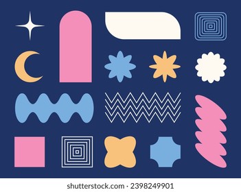 Set of geometric shapes and forms. Brutal contemporary figures, stars, emblems, flowers and other primitive design elements. Y2K vector illustrations.