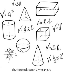 Set of geometric shapes and formulas in doodle style  on white background. Vector school symbols for children.