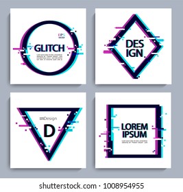 Set of geometric shapes, frame with glitch style. Vector illustration with geometric frames for business and gift cards, invitations, flyers, banners, posters.