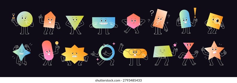 Set of geometric shapes in gradient style with different emotions on cute faces. Abstract funny figures with various facial expressions- angry, happy, sad, thinking. Flat isolated vector illustrations