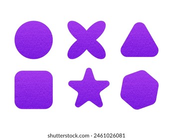 Set of geometric shapes with grain texture. Purple circle, star, triangle noise textured. Modern abstract bright figure. Element for design of poster, banner, brochure, logo