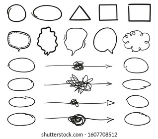Set of geometric shapes. Hand drawn speech bubbles. Abstract speech bubble on white. Simple arrows. Black and white illustration