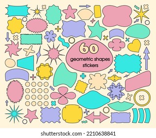 Conjunto de formas geométricas resaltadas sobre un fondo beige. Colección de elementos gráficos retro en el estilo del arte pop. Elementos vectoriales aislados, pegatinas de color Memphis.