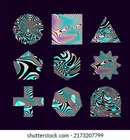 Set of geometric shapes with holographic glitched and distorted texture. Abstract design elements for poster, logotype, cover.