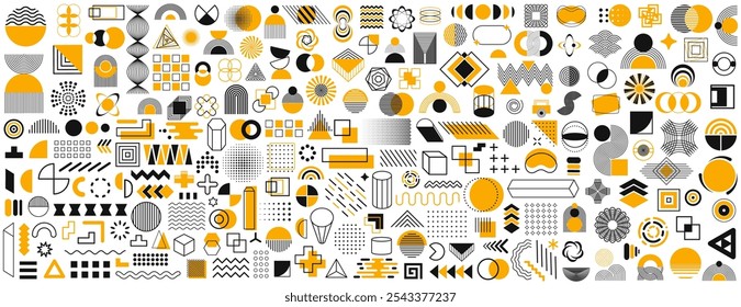 Set of geometric shapes icons. Memphis design retro elements. Retro funky graphic, 90s trends designs and vintage print element collection. Collection trendy minimal halftone geometric shapes