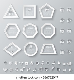 Set of geometric shapes for infographic. Template for diagram, graph, presentation and chart. Set of business icons with long shadow. 10 steps.