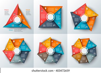 Set of geometric shapes for infographic. Template for cycle diagram, graph, presentation and chart. Business concept with 3, 4, 5, 6, 7 and 8 options, parts, steps or processes. Data visualization.