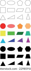 Set of geometric shapes isolated on a white background. Lineal, colored and black simple figures. Circle, square, triangle. Good for children in a kindergarten, pupils.