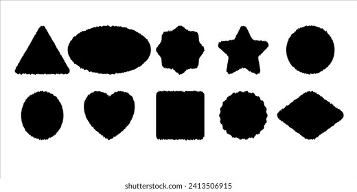 Set of geometric shapes with jagged edges. Black silhouettes of various torn objects isolated on white backdrop