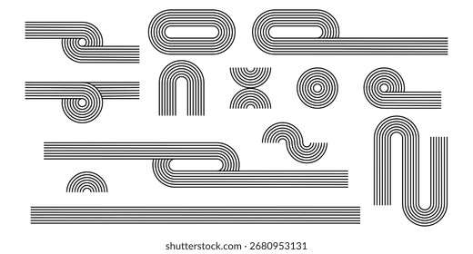 Set of geometric shapes with linear patterns. Arch, circle and path figures. Geometric forms in trendy boho style. Minimalistic design elements for modern templates. Vector graphic illustration.