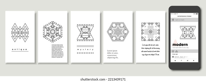 Set of geometric shapes, logos and posts. Trendy background and logotypes. Religion, philosophy, spirituality, occultism mistery magic symbols cards collection for fortune teller blogger