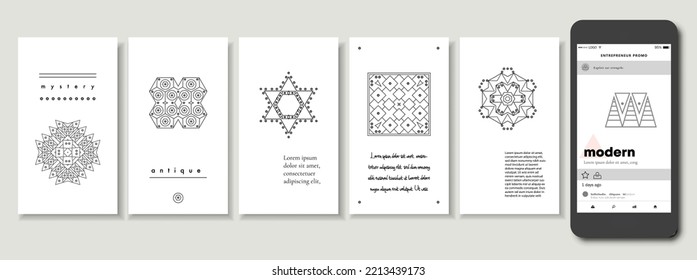 Set of geometric shapes, logos and posts. Trendy background and logotypes. Religion, philosophy, spirituality, occultism mistery magic symbols cards collection for fortune teller blogger