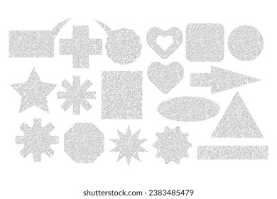 Set of geometric shapes made of grainy sandy texture. Abstract grainy noise template, grunge effect. Star, heart, arrow, square, oval, rectangle, triangle, circle, speech bubble. Vector illustration.