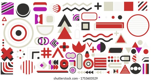 Conjunto de formas geométricas. Diseño de Memphis, elementos retro para web, vintage, publicidad, banner comercial, afiche, volante, cartel, venta. Colección de formas geométricas vectoriales de medio tono de moda.