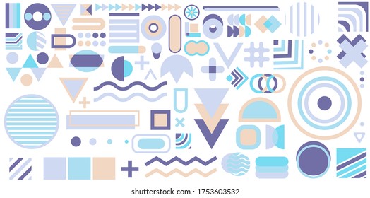 Conjunto de formas geométricas. Diseño de Memphis, elementos retro para web, vintage, publicidad, banner comercial, afiche, volante, cartel, venta. Colección de formas geométricas vectoriales de medio tono de moda.