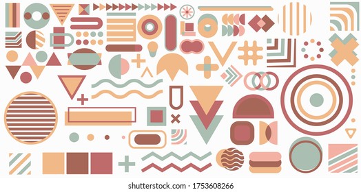 Conjunto de formas geométricas. Diseño de Memphis, elementos retro para web, vintage, publicidad, banner comercial, afiche, volante, cartel, venta. Colección de formas geométricas vectoriales de medio tono de moda.
