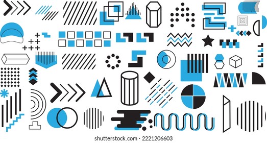 Set of geometric shapes. Memphis design retro elements. Collection trendy halftone geometric shapes. blue and balck color..eps