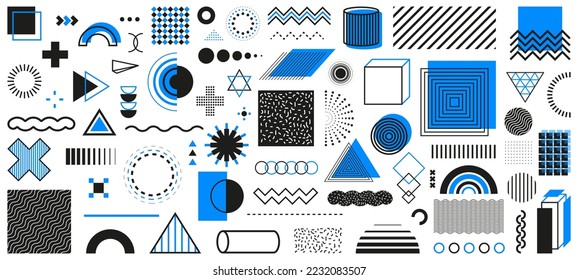 Conjunto de formas geométricas. Diseño de Memphis, elementos retro para web, vintage, publicidad, banner comercial, afiche, cartel. Colección de formas geométricas vectoriales de medio tono de moda. Ilustración vectorial.