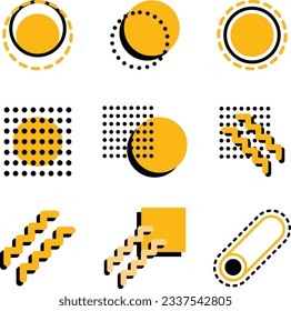 Conjunto de formas geométricas. Diseño de Memphis, elementos retro para web, vintage, publicidad, banner comercial, afiche, volante, cartel, venta. Colección de formas geométricas vectoriales de medio tono de moda.