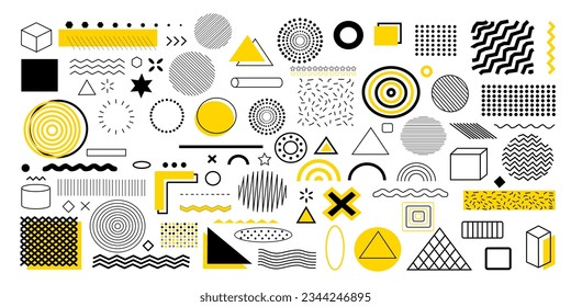 Set of geometric shapes. Memphis design retro elements. Collection trendy halftone geometric shapes. Retro funky graphic, 90s trends designs and vintage print element collection – stock vector