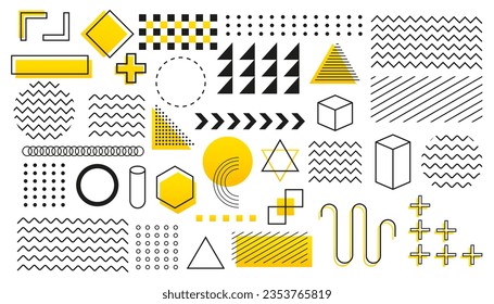 Set of geometric shapes. Memphis design, retro elements for web, vintage, advertising, commercial banner, poster, flyer, billboard, sale. Collection of trendy halftone. Vector illustration