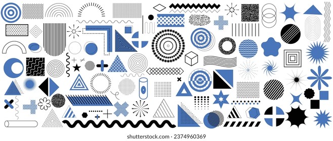 Set of geometric shapes. Memphis design, retro elements for web, vintage, advertisement, commercial banner, poster, leaflet, and sale. Collection of trendy geometric shapes