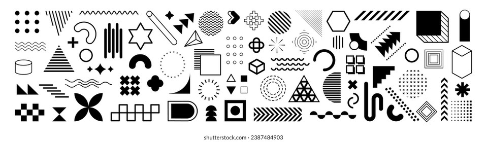 Set of geometric shapes. Memphis design, retro elements for web, vintage, advertisement, billboard, sale. Big collection of abstract graphic geometric symbols