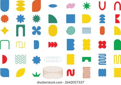 Set of geometric shapes. Memphis design, retro Smile brush hand drawn vector element set. Emoji fun face, heart, crown symbol