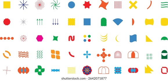 Set of geometric shapes. Memphis design, retro Smile brush hand drawn vector element set. Emoji fun face, heart, crown symbol
