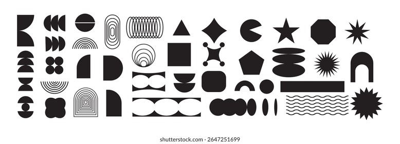 Set of Geometric shapes. Memphis design, sticker pack, y2k, aesthetics, brutalism, retro elements, vintage. Vector illustration with wavy and zig zag elements. 