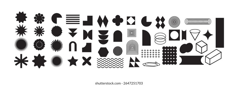 Conjunto de formas geométricas. Design de Memphis, pacote de adesivos, y2k, estética, brutalismo, elementos retro, vintage. Ilustração vetorial com elementos ondulados e em ziguezague. 