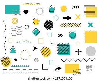 Set of geometric shapes. Memphis yellow and turquoise elements for design. Abstract  pattern. Collection of retro graphic objects. Vector illustration.