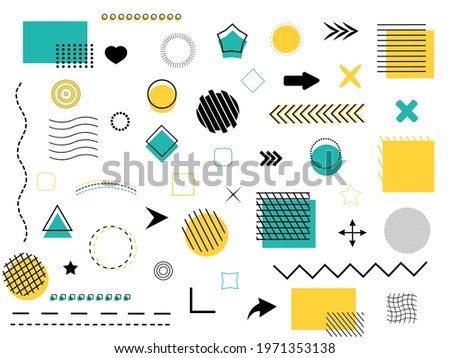 Set of geometric shapes. Memphis yellow and turquoise elements for design. Abstract  pattern. Collection of retro graphic objects. Vector illustration.