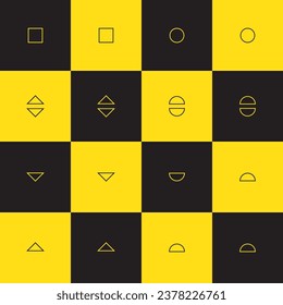 Conjunto de formas geométricas sobre un fondo cuadrado negro y amarillo.
