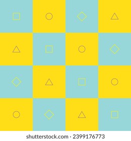 Set of geometric shapes on a light blue and yellow square background.