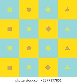 Conjunto de formas geométricas sobre un fondo cuadrado azul claro y amarillo.