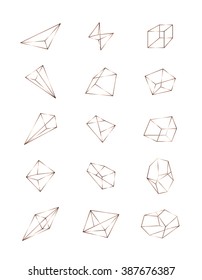 Set of geometric shapes in perspective. Line design, vector isolated. Trendy bronze logo, gems, stones, icons. Line design elements. Line figure in 3d. Linear symbol. Collection of simple line art.