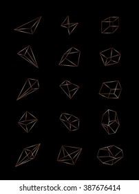 Set of geometric shapes in perspective. Line design, vector isolated. Trendy bronze logo, gems, stones, icons. Line design elements. Line figure in 3d. Linear symbol. Collection of simple line art.