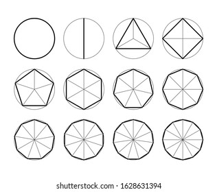 Set of geometric shapes. Polygons. Division of a circle into different parts.