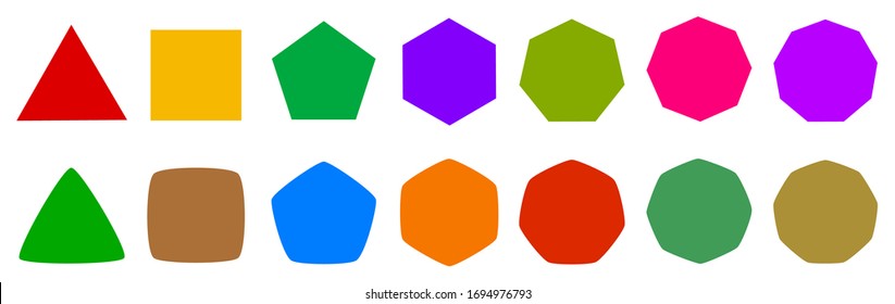 Set of geometric shapes, polygons with various number of sides: triangle, quadrangle, pentagon, hexagon, heptagon, octagon, nonagon icons collection, sharp and slightly rounded version - stock vector