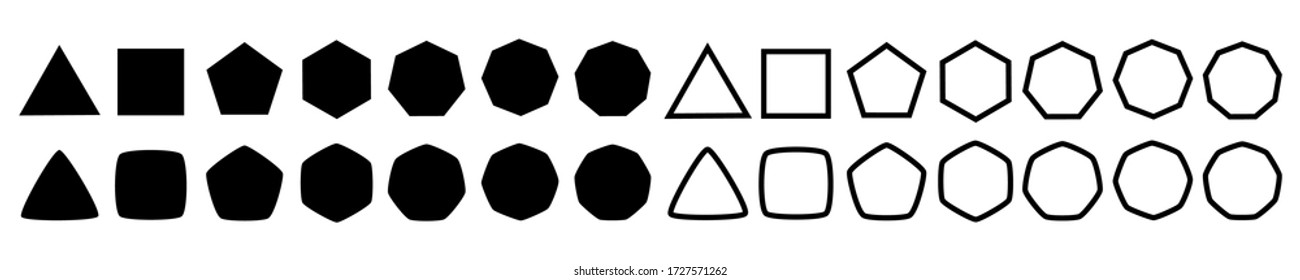 Set of geometric shapes, polygons with various number of sides: triangle, quadrangle, pentagon, hexagon, heptagon, octagon, nonagon icons collection, sharp and slightly rounded version - vector