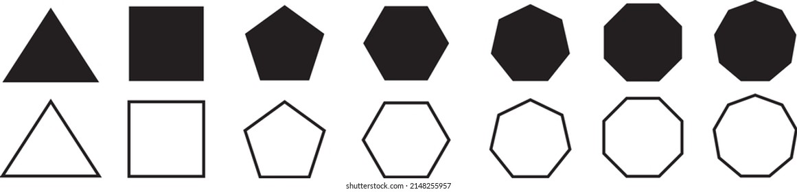 Set of geometric shapes, polygons with various number of sides: triangle, quadrangle, pentagon, hexagon, heptagon, octagon, nonagon icons collection, sharp and slightly rounded version 