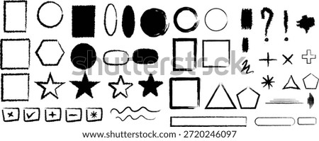 A set of geometric shapes, punctuation marks, and mathematical symbols in black on a white background