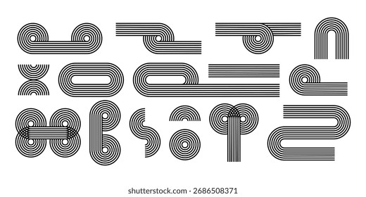Conjunto de formas geométricas com padrão linear do arco- íris. Figuras de arco, círculo e caminho em loop. Formas modernas em estilo boho. Elementos de design minimalista para modelos modernos. Ilustração gráfica vetorial.