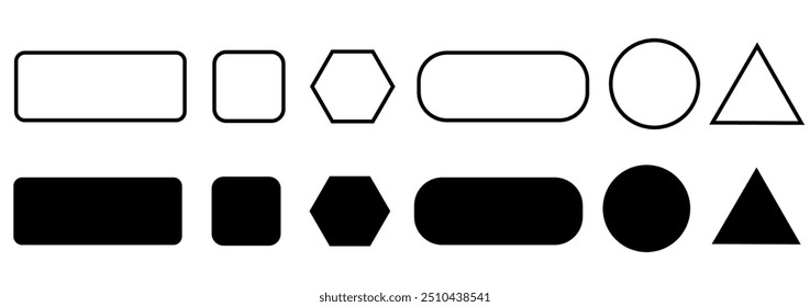 Conjunto de formas geométricas retângulos, círculos, hexágonos e triângulos em contornos pretos e brancos