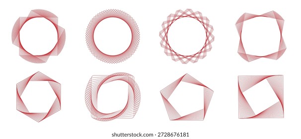 Satz von geometrischen Formen mit roten Linien. Geometrische Formen in kreisförmigen und quadratischen Formen. Muster mit roten Linien ergeben einzigartige geometrische Formen und komplexe Designs. Elementvektorsatz.