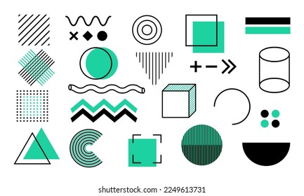 Conjunto de formas geométricas en estilo retro. Resumen de elementos de diseño verde-negro. Banner moderno con formas geométricas verdes para el diseño web. Vector 10 Eps.