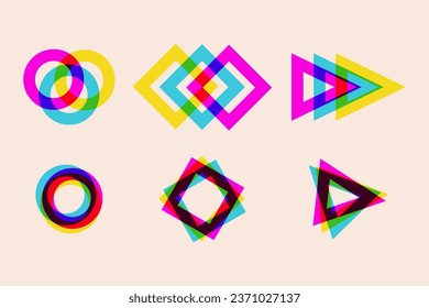 Set of geometric shapes in risograph style, overlapping colors.