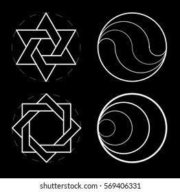 Set of geometric shapes. Sacred geometry, golden ratio. Construction of figures. The circular composition. Construction of stars. Vector drawing of a black background.